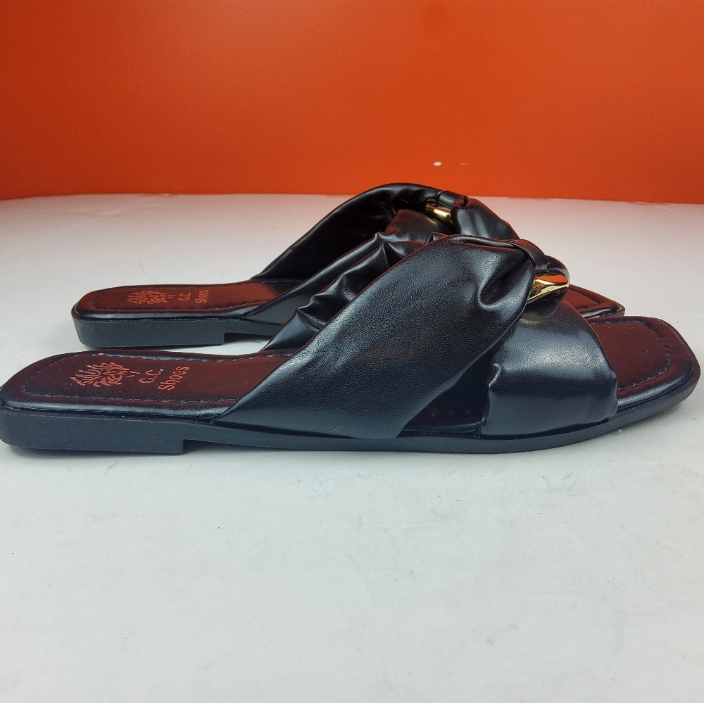 GC Shoe Women Open Toe Flat Slip On Slide Sandal Black faux leather 9.5 …